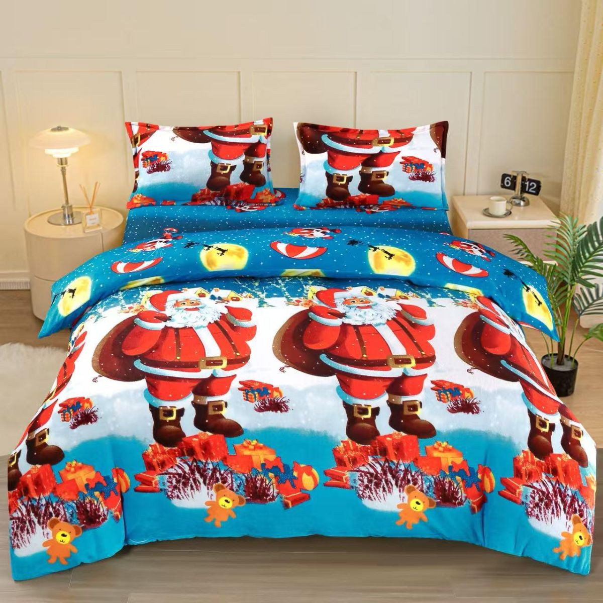 Lenjerie de pat Cocolino, Mos Craciun [200x230, alb-albastru, cu elastic]