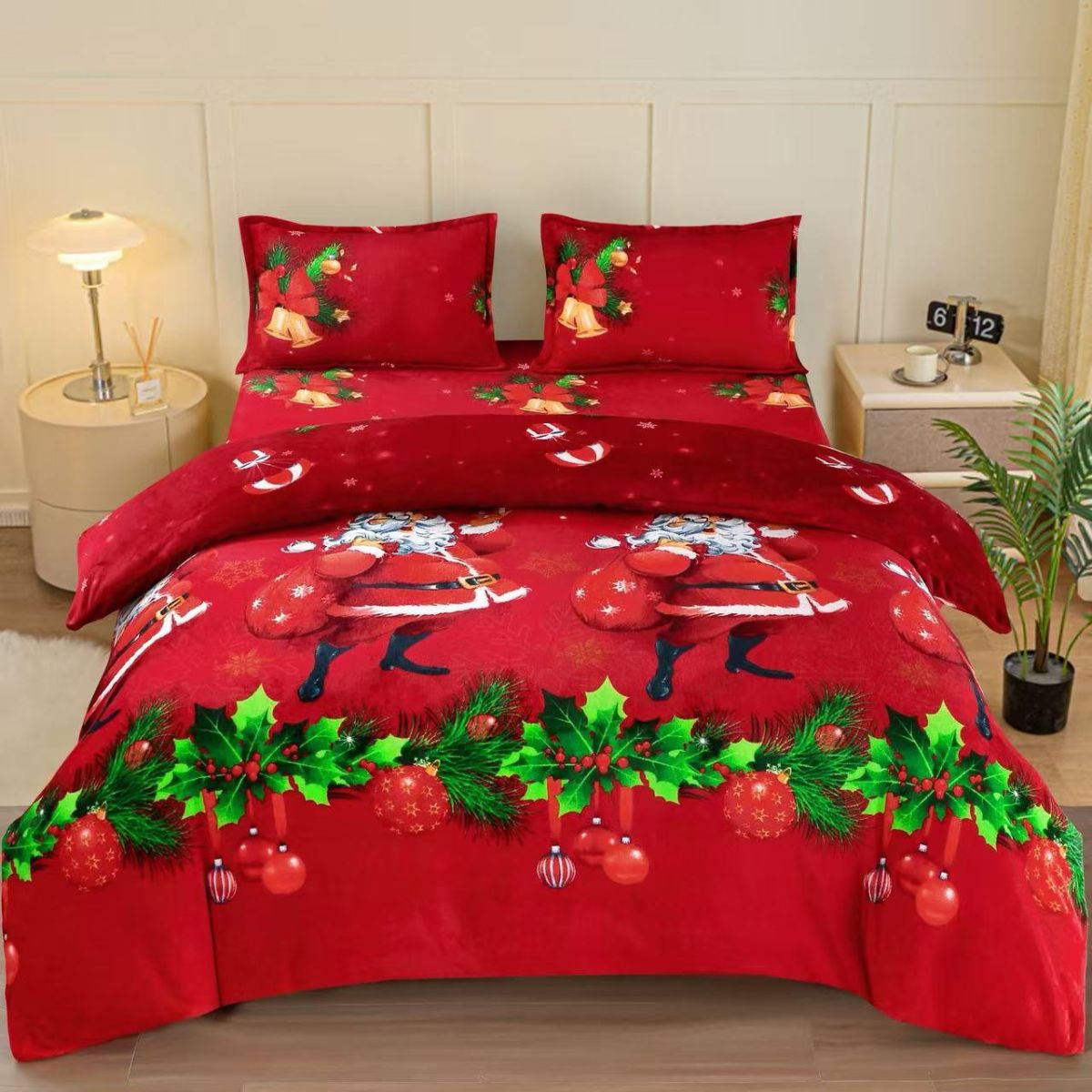 Lenjerie de pat Cocolino, Mos Craciun [200x230cm, rosu-verde, cu elastic]